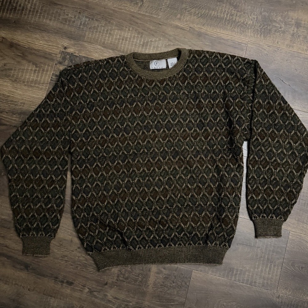 Vintage 80s 90s Farah Mens L Geometric Knit Sweater Brown Olive Grandpa Retro